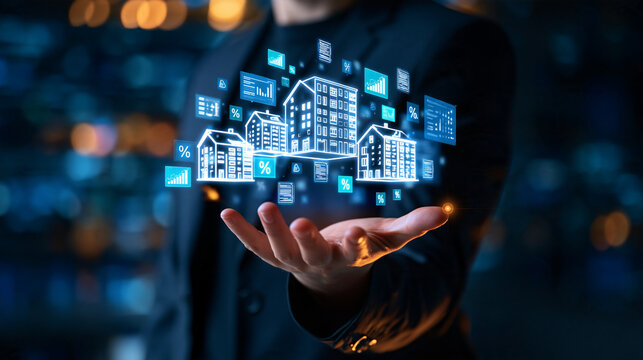 Real estate analytics concept cropped european business professional presenting a floating cluster of white house and apartment icons above one palm small cyan charts