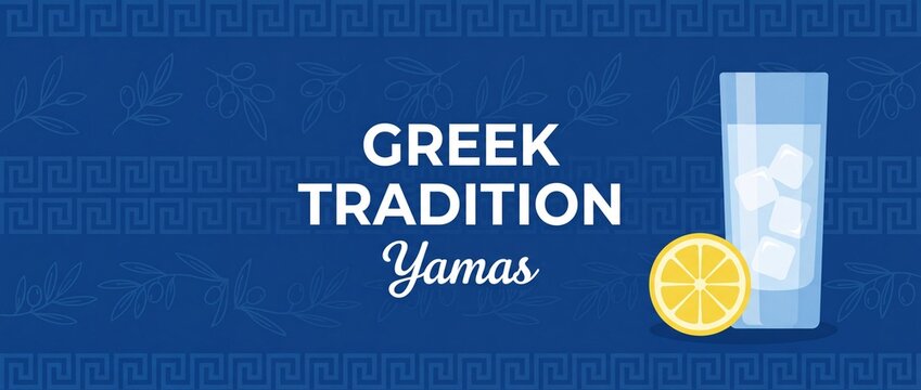 Greek ouzo drink banner background with lemon slice ice glass yamas tradition Mediterranean culture graphic vector horizontal web header template for restaurant menu Greek food and travel banner