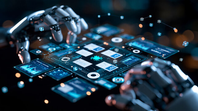 Robotic data interaction concept two articulated silver robotic hands framing a transparent central neural processor panel surrounding blue chart tiles white circular controls