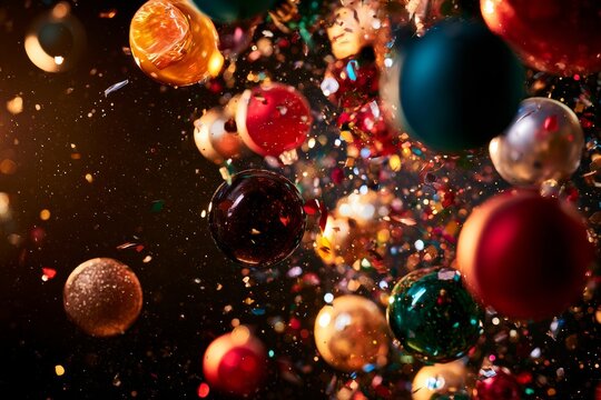 Colorful ornaments and confetti fill the air during a celebration event with festive decorations and holiday spirit