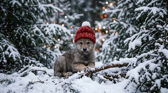 Adorable wolf pup wearing red hat in snowy forest setting