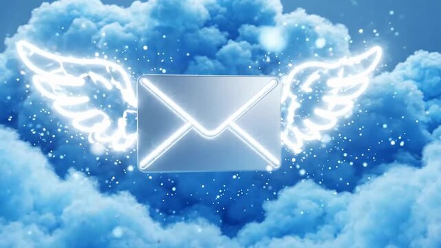 Magical glowing envelope with angel wings flying through fluffy blue clouds in heaven.
