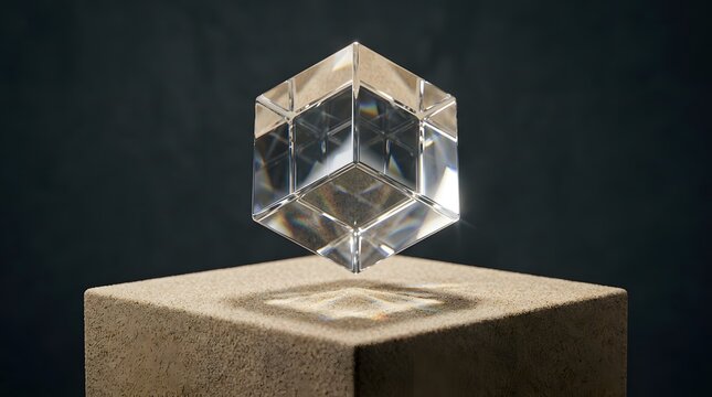 Transparent glass cube floating above a rustic stone pedestal showcasing intricate light refractions with sharp edges and cinematic studio lighting