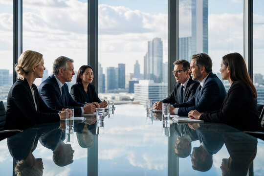 Diverse corporate executives and business leaders holding a strategic meeting around a boardroom glass table overlooking a city skyline. Concept of corporate governance, M&A negotiation, partnership, 