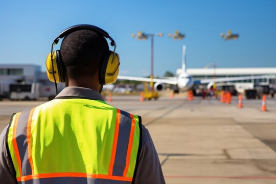 Male airport headphones airplane aircraft.