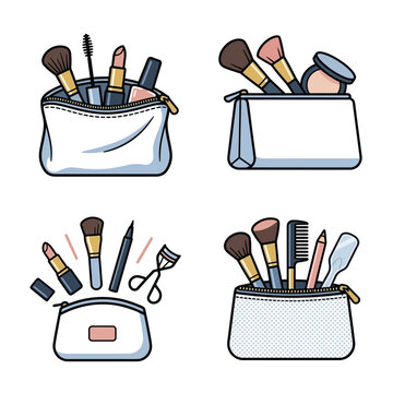 Cosmetic bags filled with makeup tools and beauty products
