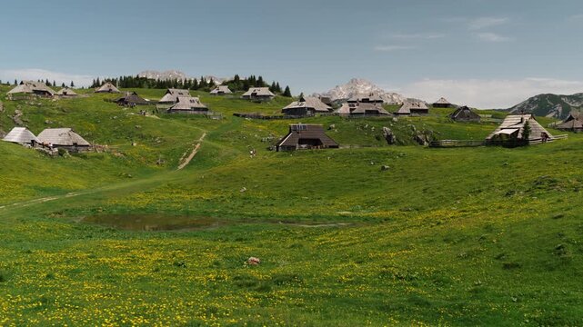 Wooden herders huts with broad shingled roofs stand on green pastures at Velika Planina in Slovenia. Paths and yellow flowers fill the mountain landscape.
