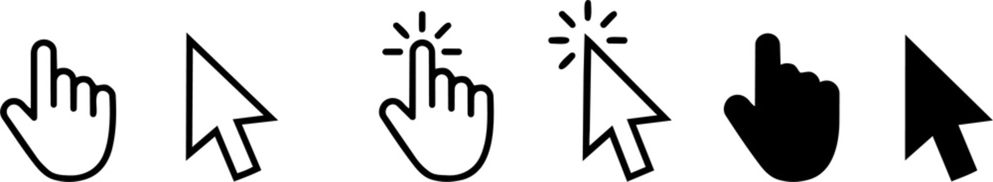 Set of computer mouse pointer cursors and hand click icons with cursor icon