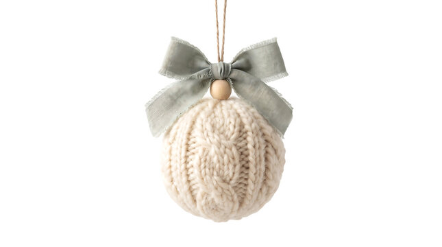 Cozy knitted christmas ornament with ribbon bow hanging festive winter decoration isolated on transparent background