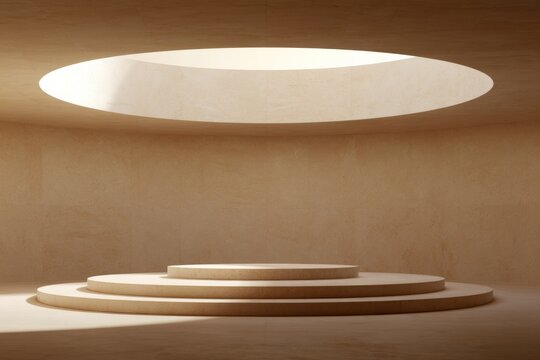 Light streams into a circular space with layered platforms in a modern architectural design