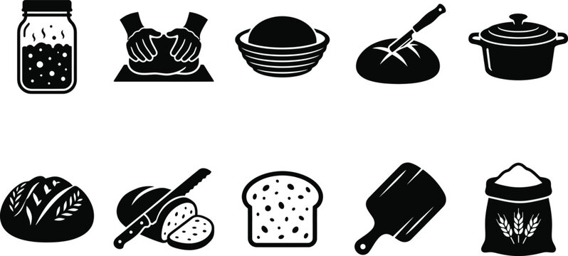 Sourdough Bread Baking Icon Set with Sourdough Starter Jar, Kneading Dough, Proofing Basket, Lame Scoring, Dutch Oven, Sliced Loaf, Peel, and Flour Bag Silhouette Vector Glyphs for Bakery UI