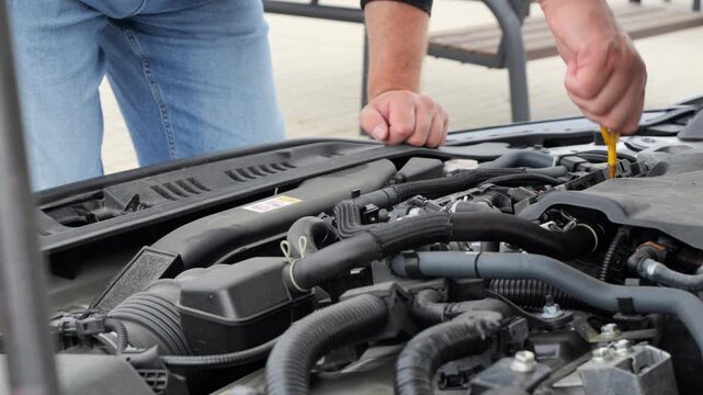 Driver checks the engine oil level using a dipstick during routine vehicle maintenance