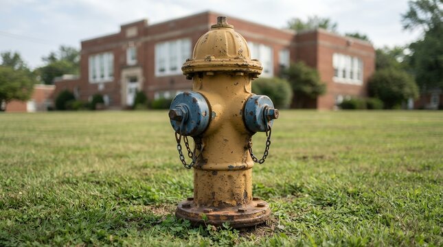 Rustic yellow fire hydrant, a weathered urban utility fixture, standing on green grass, with a blurred brick building in the background, symbolizing public safety and infrastructure.