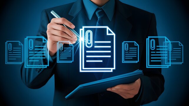Professional businessman managing digital documents and files with modern interface technology for corporate data organization
