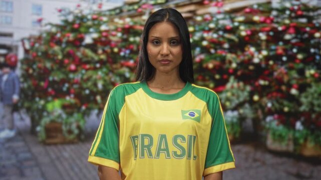 Woman wearing brasil t shirt standing facing camera with arms relaxed, visible flag patch and chest lettering in a decorated street with christmas tree; quiet pride.