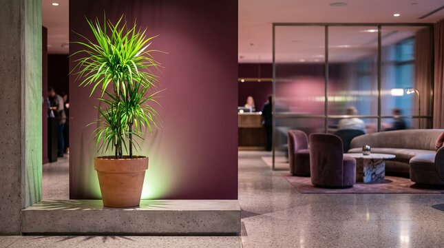 Neon houseplant brightens a contemporary hotel lobby