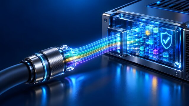 High speed data cable connecting to a server rack with glowing fiber optics and a digital shield icon representing secure network connection and data transfer.