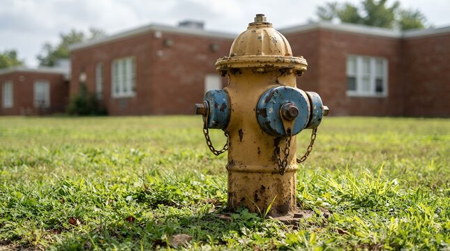 Weathered yellow fire hydrant, a rustic urban utility fixture, standing in overgrown green grass, with a blurred brick building in the background, symbolizing public safety and infrastructure.