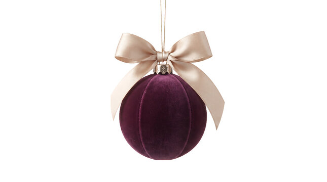 Elegant plum velvet christmas ornament with ribbon bow isolated on transparent background