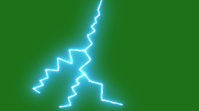 Abstract blue lightning energy burst blue realistic electric thunderbolt strikes, glowing plasma arcs, bright flash effects and dynamic storm discharge on green background for 4k