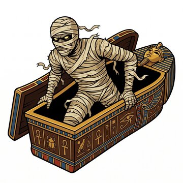 Detailed vector illustration of an Egyptian mummy wrapped in bandages emerging from an ornate golden sarcophagus.