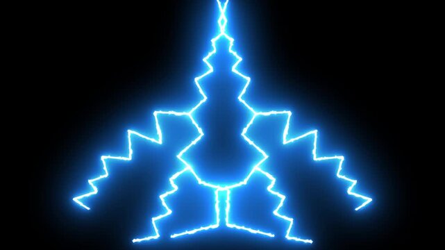 Electric blue lightning strike animation with powerful thunder burst, glowing plasma energy arcs, bright sparks and realistic storm effects on black background for 4k video