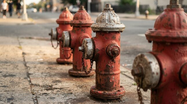Row of vibrant red fire hydrants on a city street, urban infrastructure for emergency services, weathered metal details, essential public safety equipment.