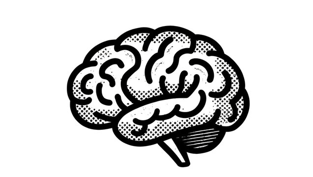 Black and white stylized human brain with halftone dots, isolated on transparent background