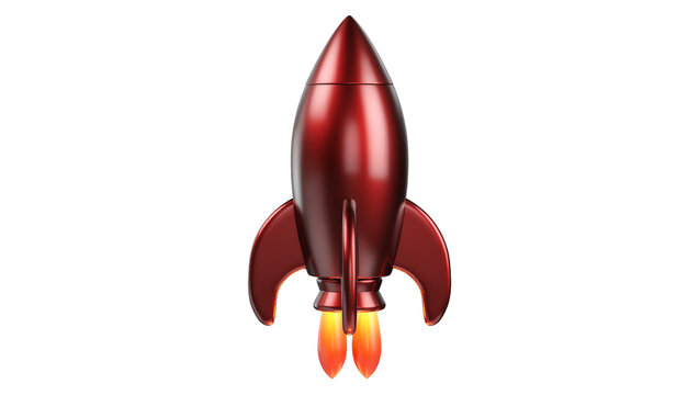 Shiny metallic red rocket ship with fiery exhaust, isolated on transparent background
