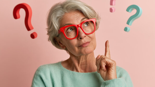 Elderly woman with red glasses thinking and pointing up with question marks around her, expressing curiosity and doubt
