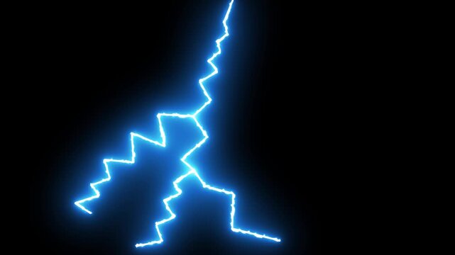 Abstract blue lightning energy burst blue realistic electric thunderbolt strikes, glowing plasma arcs, bright flash effects and dynamic storm discharge on black background for 4k