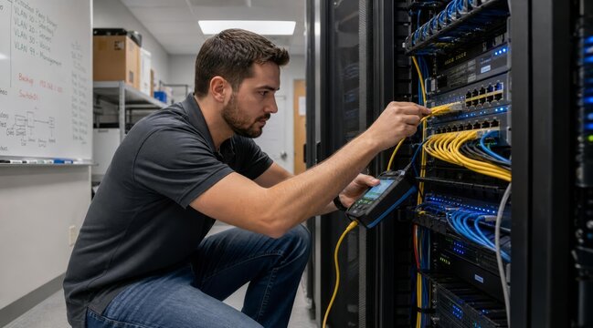 IT technician crouching at server rack connecting ethernet cable