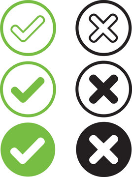 Set of green check marks and black cross icons isolated on white background, for user interface tick
