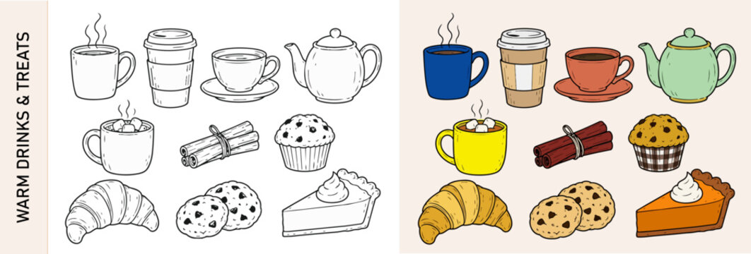 Warm drinks and treats autumn vector doodles with coffee, tea, cookies and pastries