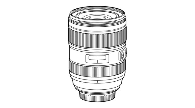 Professional camera lens line art illustration, digital photography equipment sketch, minimalist optical zoom lens icon on white background
