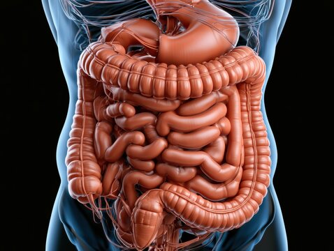 Anatomically accurate human digestive system illustration showcasing detailed organ structure and positioning, illuminated with cinematic lighting against a black background