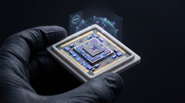 Gloved hand holding a modern quantum processor chip with a glowing digital holographic interface