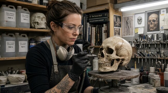 Theater prop maker airbrushing skull prop in workshop
