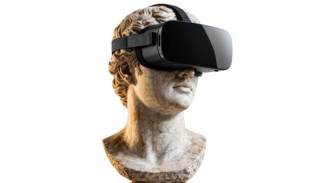 Ancient marble bust wearing modern black virtual reality headset, isolated on transparent background