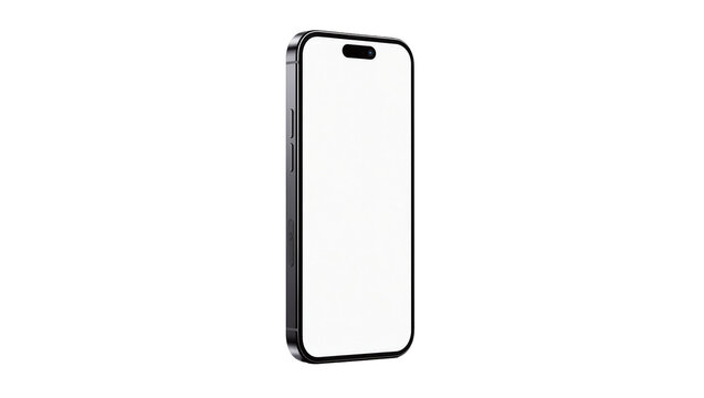 Sleek black smartphone with blank white screen, isolated on transparent background