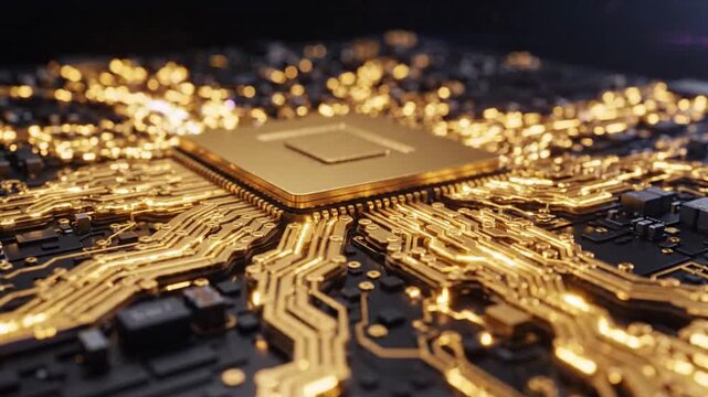 Close up of advanced computer processor chip with glowing golden circuitry traces.