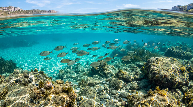 Peces nadando en aguas cristalinas y turquesas del mar Mediterr&aacute;neo sobre un fondo marino rocoso con suaves reflejos en la superficie.