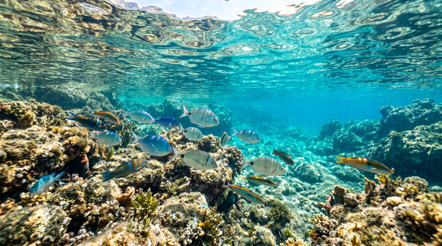 Peces nadando en aguas cristalinas y turquesas del mar Mediterr&aacute;neo sobre un fondo marino rocoso con suaves reflejos en la superficie.