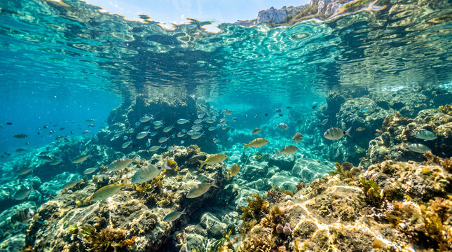 Peces nadando en aguas cristalinas y turquesas del mar Mediterr&aacute;neo sobre un fondo marino rocoso con suaves reflejos en la superficie.