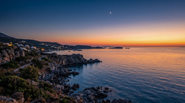 Atardecer sereno sobre la costa rocosa mediterr&aacute;nea, con un cielo en degradado naranja y azul oscuro sobre el mar en calma con una sutil luna creciente.