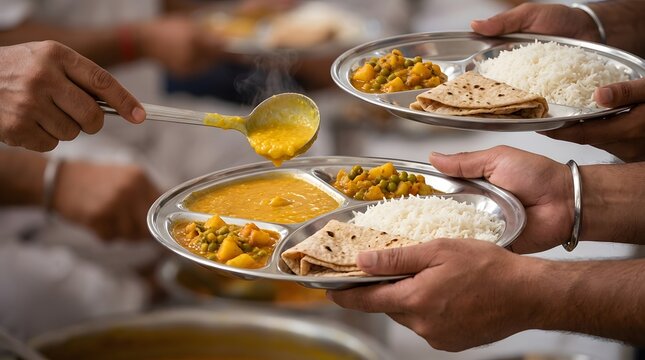 Respectful langar community meal concept, beautifully arranged vegetarian food served on traditional metal plates, warm welcoming environment