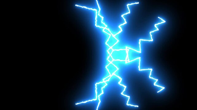 Thunderstorm lightning vfx with dynamic blue electric bolts, powerful energy discharge, glowing plasma arcs, bright flash bursts and realistic thunder effects on black background for 4k