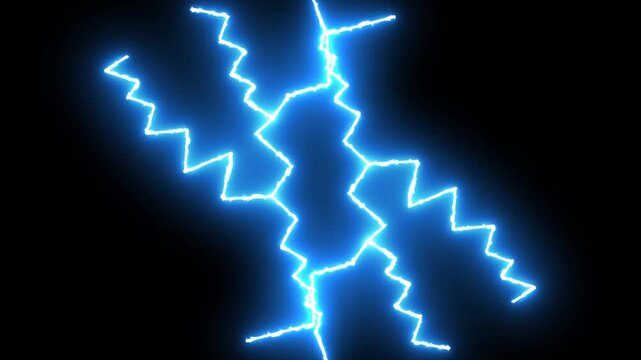 Brilliant blue electric lightning strike with glowing plasma arcs, powerful thunder energy burst, dynamic sparks, storm flashes and realistic vfx effects on black background for 4k video