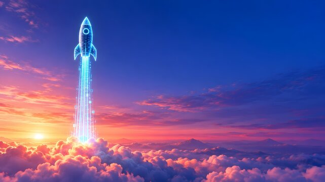 Digital rocket launching into vibrant sunset sky above clouds symbolizing startup innovation and technological advancement with glowing blue energy trail.