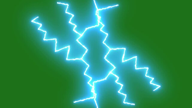 Brilliant blue electric lightning strike with glowing plasma arcs, powerful thunder energy burst, dynamic sparks, storm flashes and realistic vfx effects on green background for 4k video